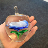 Blue Rose Flower Art Glass Apple Paperweight Green Leaves 520g #119