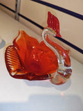 Vintage Murano Style Red & Clear Art Glass Swan Bowl Trinket Dish Ashtray