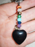 Black Obsidian Seven Chakra Gemstone Heart Keyring with Meaning Card
