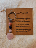 Rose Quartz Rhodonite Amethyst Love Yourself Gemstone Heart Keyring