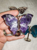 Natural Chevron Amethyst Gemstone Butterfly on Metal Display Stand 47g