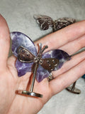 Natural Chevron Amethyst Gemstone Butterfly on Metal Display Stand 47g
