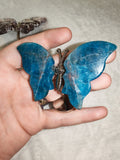 Natural Blue Apatite Gemstone Butterfly on Metal Display Stand 50g