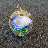 Blue Rose Flower Art Glass Apple Paperweight Green Leaves 520g #119