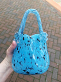 Vintage Murano-Style Aqua Blue Black Speckled Art Glass Handbag Vase