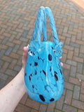 Vintage Murano-Style Aqua Blue Black Speckled Art Glass Handbag Vase