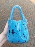 Vintage Murano-Style Aqua Blue Black Speckled Art Glass Handbag Vase