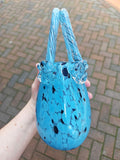 Vintage Murano-Style Aqua Blue Black Speckled Art Glass Handbag Vase