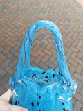 Vintage Murano-Style Aqua Blue Black Speckled Art Glass Handbag Vase