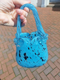 Vintage Murano-Style Aqua Blue Black Speckled Art Glass Handbag Vase