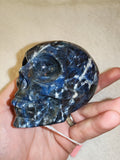 Sodalite Crystal Skull Carving Blue & White Veined Stone 370g