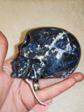 Sodalite Crystal Skull Carving Blue & White Veined Stone 370g