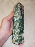 Moss Agate Tower with Druzy Crystal Cavity Green & White 747g