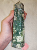 Moss Agate Tower with Druzy Crystal Cavity Green & White 747g