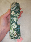Moss Agate Tower with Druzy Crystal Cavity Green & White 747g