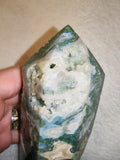 Moss Agate Tower with Druzy Crystal Cavity Green & White 747g