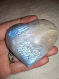 Natural Blue Flash Moonstone Heart Crystal Carving 106g Polished Palm Stone