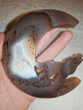 135g Agate Moon Carving Howling Wolf Druzy Pocket Crystal with Stand