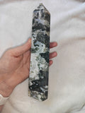 Large Moss Agate Tower with Druzy – 735g - Tower #72