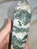 Large Moss Agate Tower with Druzy – 735g - Tower #72
