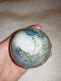 Moss Agate Sphere with Druzy Quartz – 355g | Sphere #25