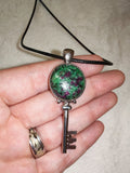 Ruby in Zoisite Key Pendant Necklace | Natural Anyolite Crystal | Black Cord | #2