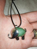 Natural Green Aventurine Elephant Pendant Necklace | Silver Tone Elephant Gemstone Pendant on Black Cord Necklace | #13