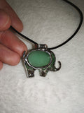 Natural Green Aventurine Elephant Pendant Necklace | Silver Tone Elephant Gemstone Pendant on Black Cord Necklace | #13