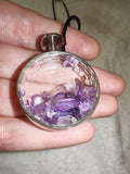 Natural Amethyst Chip Bottle Pendant Necklace | Floating Gemstone Glass Vial Pendant on Black Cord Necklace | #14