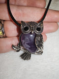 Natural Amethyst Owl Pendant Necklace | Silver Tone Owl Gemstone Pendant on Black Cord Necklace | #17