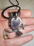 Natural Amethyst Owl Pendant Necklace | Silver Tone Owl Gemstone Pendant on Black Cord Necklace | #17