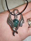 Natural Green Aventurine Dragon Pendant Necklace | Silver Tone Dragon Wing Gemstone Pendant on Black Cord Necklace | #19