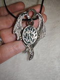 Natural Green Aventurine Dragon Pendant Necklace | Silver Tone Dragon Wing Gemstone Pendant on Black Cord Necklace | #19