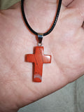 Red Jasper Cross Pendant Necklace | Polished Gemstone Christian Cross on Black Cord | #22