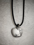 Howlite Apple Pendant Necklace | Polished White Gemstone Apple on Black Cord | #23