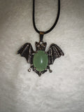 Green Aventurine Bat Pendant Necklace | Polished Gemstone Bat on Black Cord | #27