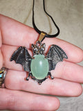 Green Aventurine Bat Pendant Necklace | Polished Gemstone Bat on Black Cord | #27