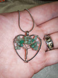 Green Aventurine Tree of Life Heart Pendant Necklace | Natural Crystal Chip Tree on Silver Tone Chain | #29