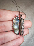Natural Labradorite Pea Pod Pendant Necklace | Triple Labradorite Cabochons | Gemstone Necklace | #70