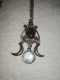 Natural Amethyst & Quartz Triple Moon Goddess Pendant Necklace | Celestial Crystal Necklace | #75