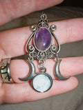 Natural Amethyst & Quartz Triple Moon Goddess Pendant Necklace | Celestial Crystal Necklace | #75