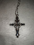 Opalite Cross Pendant Necklace | Ornate Gothic Cross | Blue Opalite Glass Necklace | Silver Tone | #130