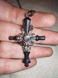 Opalite Cross Pendant Necklace | Ornate Gothic Cross | Blue Opalite Glass Necklace | Silver Tone | #130