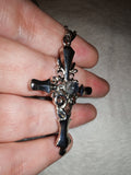 Opalite Cross Pendant Necklace | Ornate Gothic Cross | Blue Opalite Glass Necklace | Silver Tone | #130