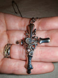Opalite Cross Pendant Necklace | Ornate Gothic Cross | Blue Opalite Glass Necklace | Silver Tone | #130