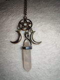 Rose Quartz Triple Moon Pentacle Pendant Necklace | Crystal Point Goddess Necklace | Wiccan Pagan Jewellery | #133