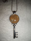 Fossil Coral Key Pendant Necklace | Natural Agatised Coral Gemstone | Silver Tone | #144