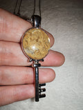 Fossil Coral Key Pendant Necklace | Natural Agatised Coral Gemstone | Silver Tone | #144
