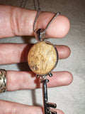 Fossil Coral Key Pendant Necklace | Natural Agatised Coral Gemstone | Silver Tone | #144