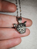 White Moonstone Cat Head Pendant Necklace | Crystal Cat Necklace | Silver Tone | #157
